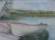 Boot am see - Moor Alfi - Aquarell auf Papier - Landschaft-Boote-See - Klassisch